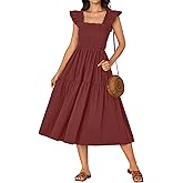 Rooscier Women's Square Neck Smocked Ruffle Sleeveless Backless Sundress A Line Midi Dress
