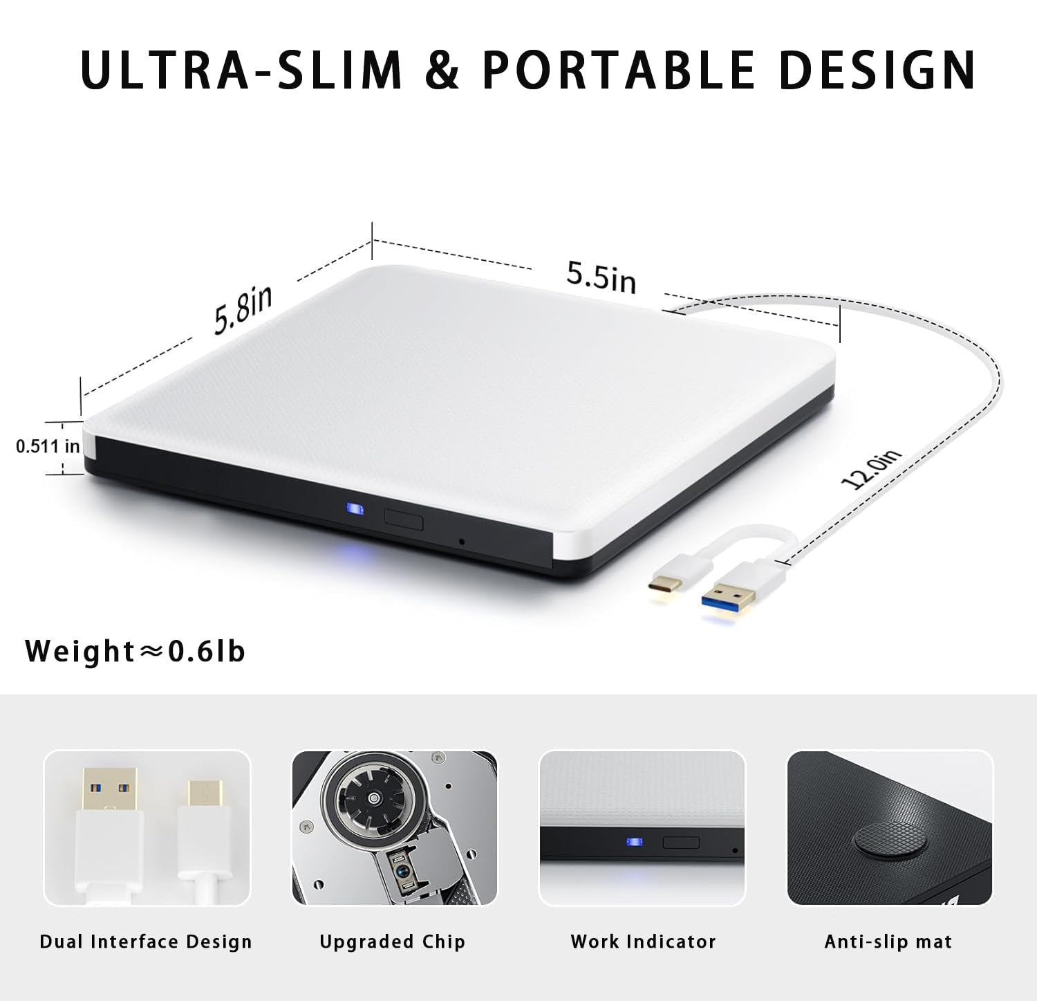 Dainty External CD/DVD Drive for Laptop Portable CD/DVD Burner USB 3.0 Optical Disk Drive for for Laptop Mac, DVD Player for PC Compatible with Windows /10/8/7 Linux OS
