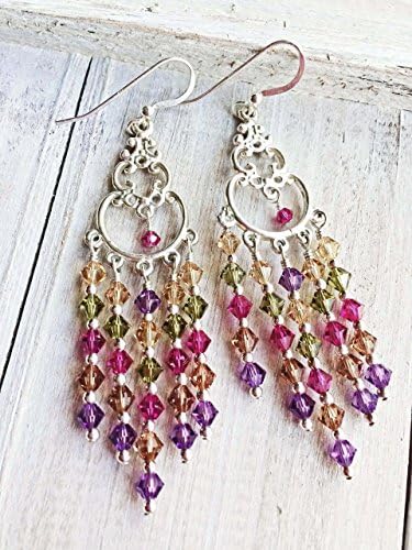 Crystal Chandelier Sterling Silver Earrings with Swarovski Crystals in a Vineyard Color mix of Amethyst, Sage, Topaz, and Pink