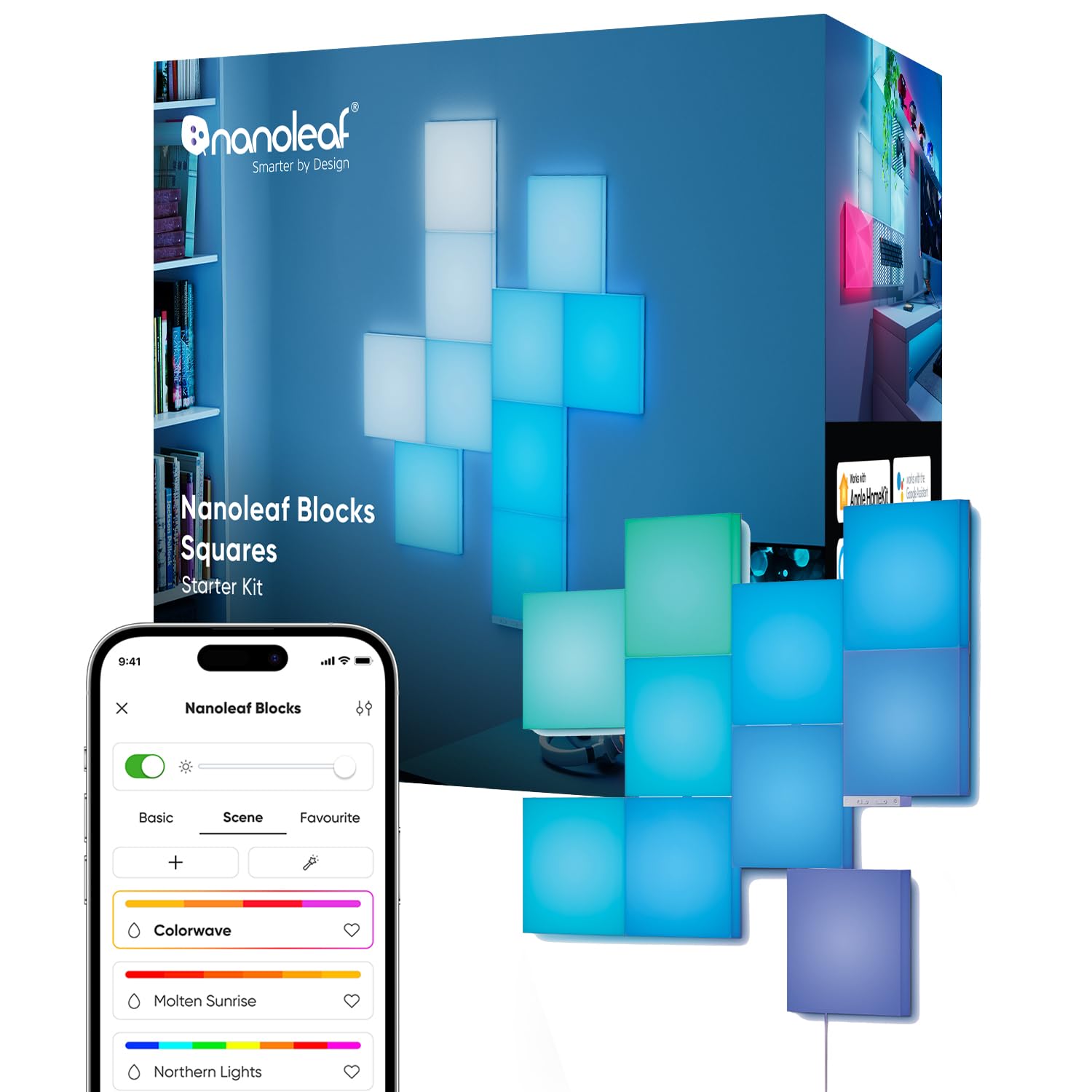 Nanoleaf Blocks Starter Kit | 10 Quadrate RGBW Wandlampen diffus Beleuchtung, Musik & Bildschirm Sync, WLAN App- & Sprachsteuerung (kompatibel mit Alexa, Apple & Google Home), Deko & Gaming