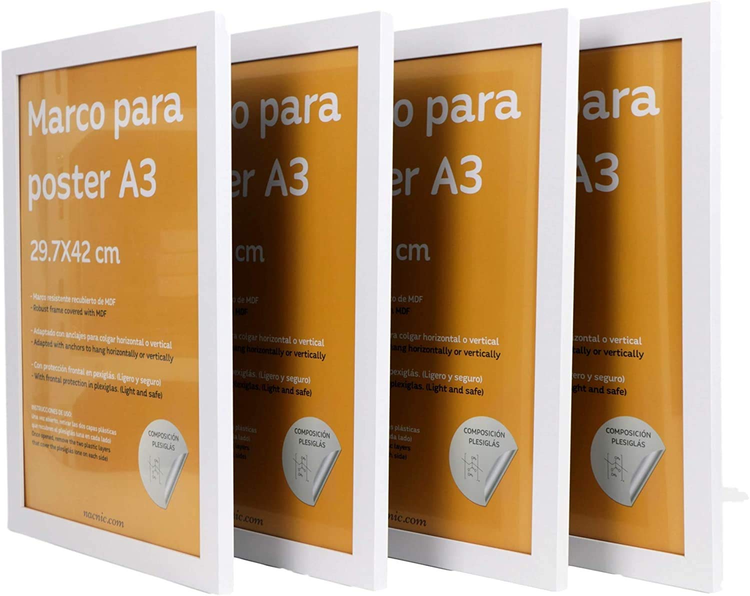 Nacnic Set von 4 weißen Rahmen für Fotos, Plakate, Druck, Diplome. Größe (A3-29.7x42 cm) .Robustos MDF gefertigt und weiß plexiglas.Marcos Front hängt hohe Qualität.