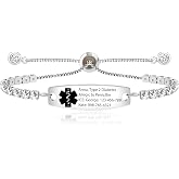 Uloveido Personalized Emergency Medical Alert Bracelet - Round Cubic Zirconia Tennis Bracelet Adjustable Slider Chain