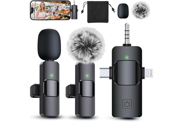 PQRQP 3 in 1 Professional Wireless Lavalier Microphone for iPhone/Android/Camera, Wireless Microphones, Mini Microphone, Crystal Clear Sound Quality for Recording, Live Streaming, Clips-Elegant Black