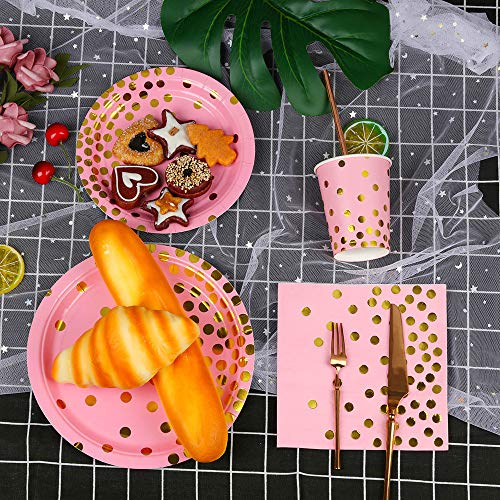 Ottin Pink and Gold Party Dinnerware 24 Guests Paper Plates and Napkins Sets Disposable Dinnerware for Wedding Birthday Weekend Party Supplies Celebrations (Pink with Gold Foil Dots, 24 guest) - Thumbnail 6