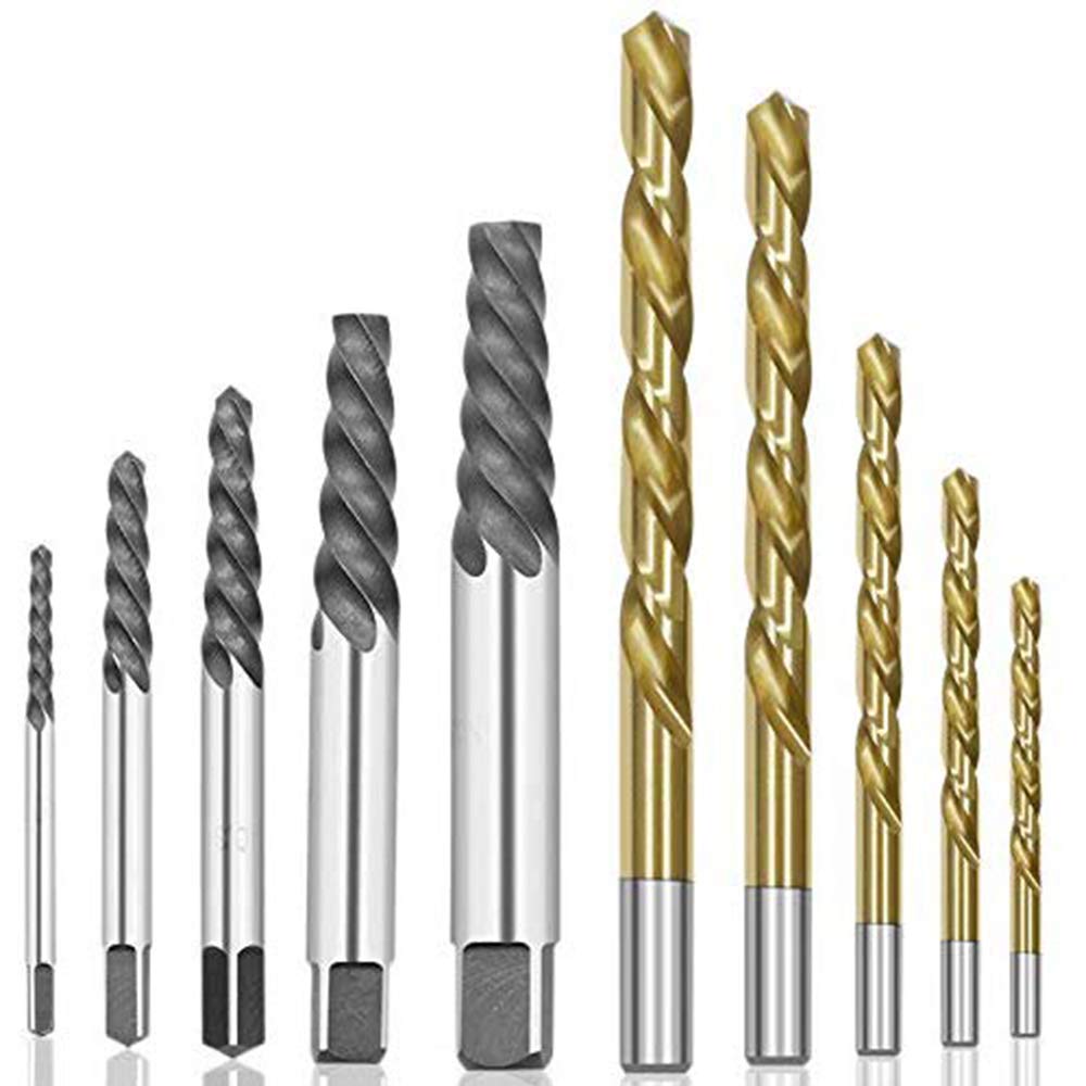 Loboo Idea 10Pcs Screw Extractor Left Hand Cobalt Drill Bit Set, Damaged Screw Remover Stripped Screw Removers Drill Set, Cobalt Drill Bit Sets with Metal Case (10-Pieces/Set, Gold)