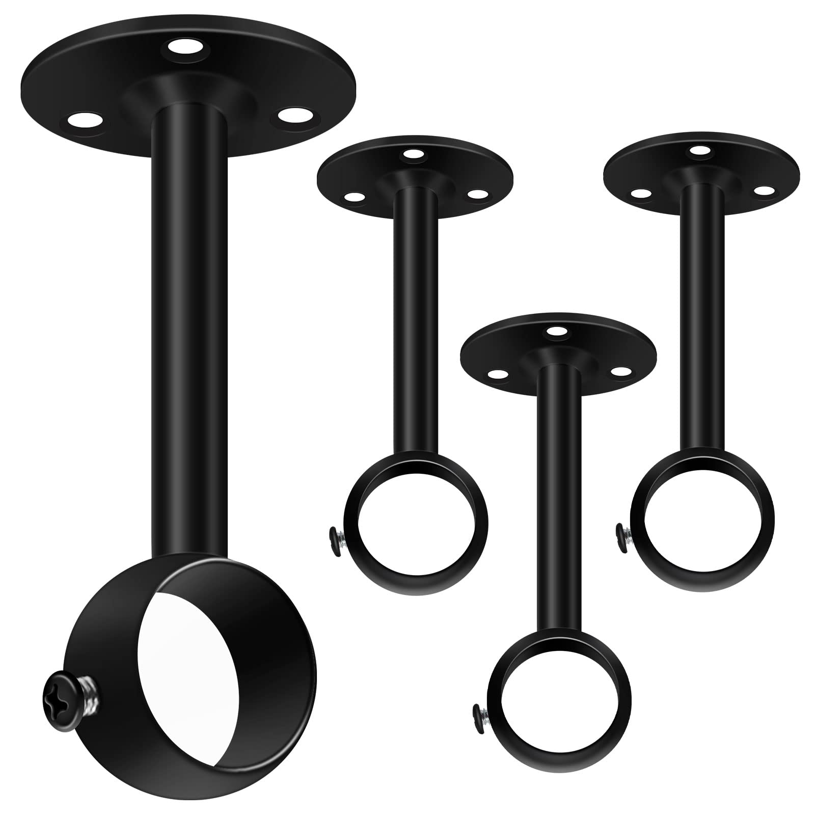 Ceiling Curtain Pole Brackets, Black Curtain Rail Bracket 25.4mm/1inch Heavy Duty Metal Closet Rod End Support Pole Sockets Wardrobe Flange Pipe Holder, Ceiling Curtain Bracket 4 Pack Stainless Steel