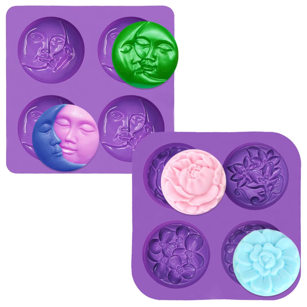 2 PCS Silicone Soap Moulds, SENHAI 4 Cavity Sun & Moon Face Moulds and 4 Cavity Flower Shapes Molds,for DIY Soap Making Homemade Lotion Bar Cake Chocolate Pudding