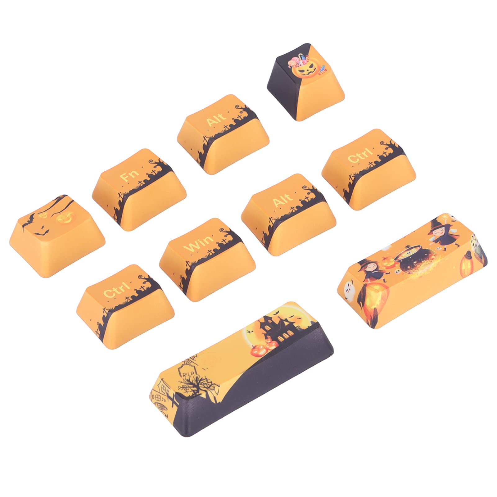10Pcs Replacement Keycaps, Esc Ctrl Shift Alt DIY PBT Keycaps, Fadeless Wear Resistant Cute Halloween Theme Pattern DIY Keycaps Kit Accessories for 6/87/ 104/108 Bit Mechanical Keyboards