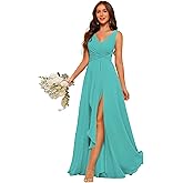 deamify Elegant V Neck Ruffle Bridesmaid Dresses with Slit 2026 Long Pleated Formal Dress with Pockets DIN023