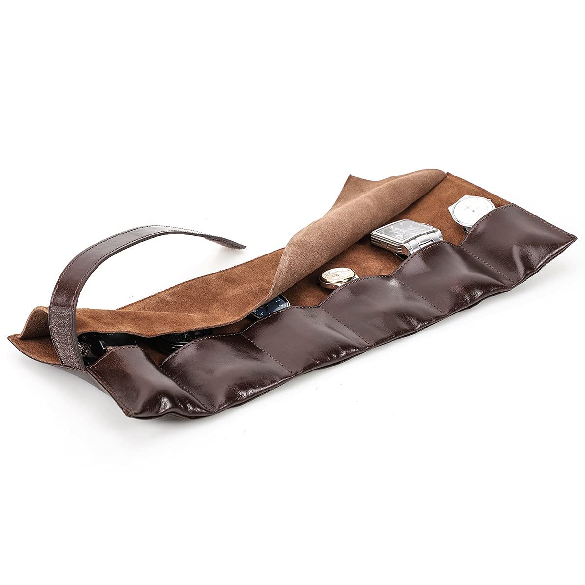 Hiram Genuine Leather 6 Watches Travel Case Roll Handmade Travel Storage Watch Pouch Portable Jewelry Organizer