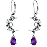 925 Sterling Silver Vintage Retro Oxidized Moon Crescent Dangle Drop Leverback Earrings with 12 Months Birthstone Jewelry Gifts for Women Her