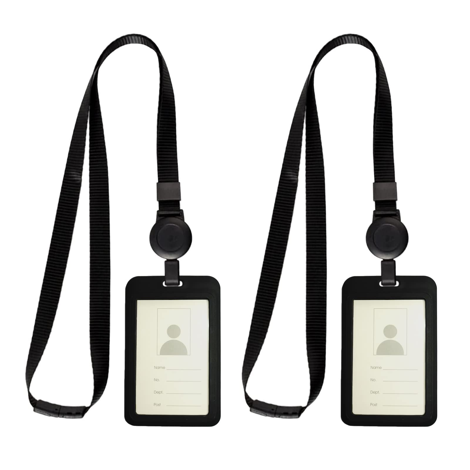 ID Card Holder, Badge Holder with 1 Plastic Clear ID Name Window and 1 Soft Flat Nylon Neck Lanyard Attaches Retractable Lanyard for Staff Card, Student Card (2 Pack, Black)
