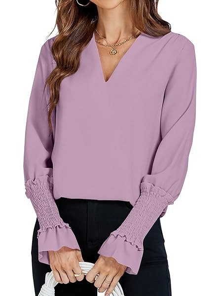 LYANER WOMEN’S V NECK SHIRRED BELL LONG SLEEVE BLOUSE CASUAL TUNIC TOP LILAC LARGE