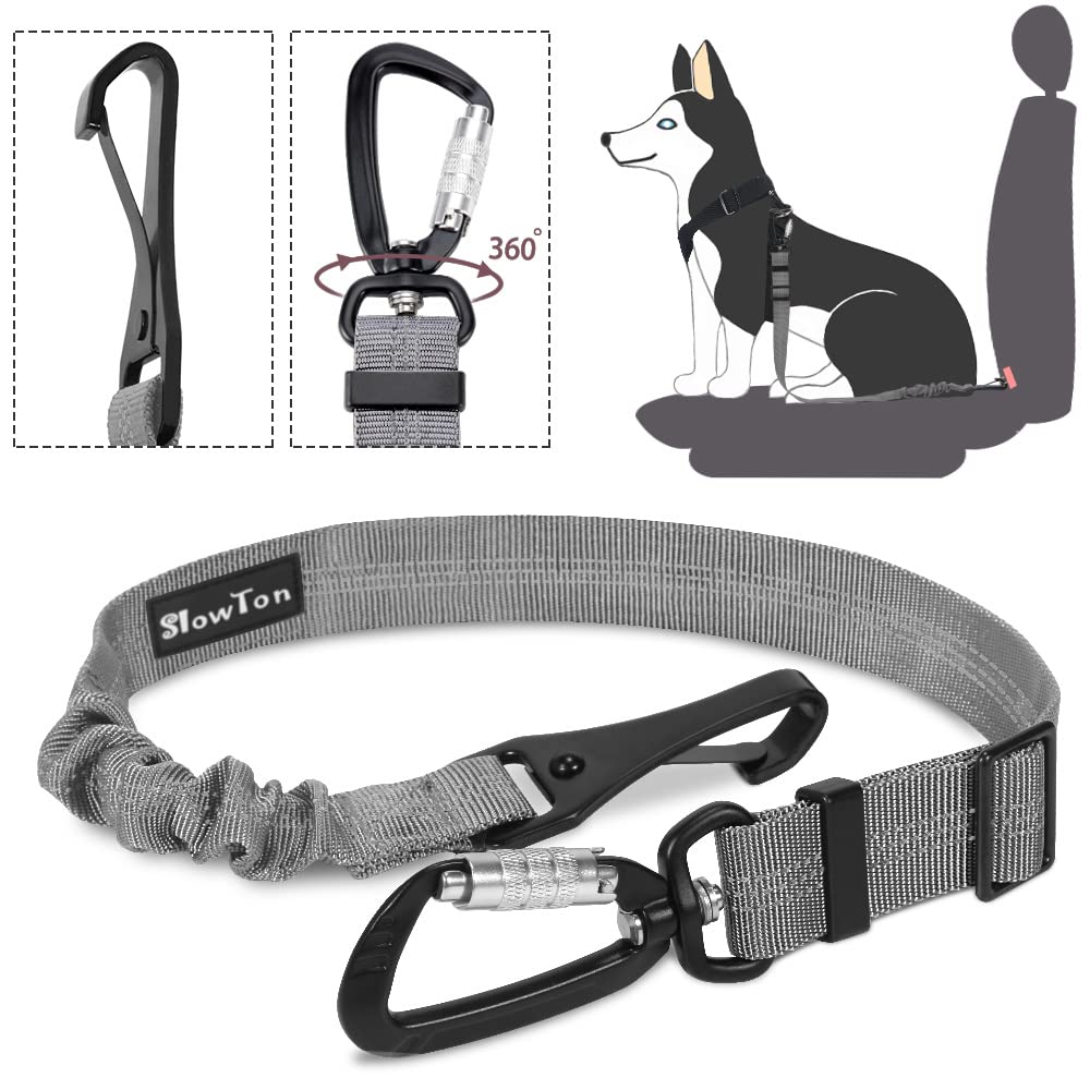 SlowTon Dog Seatbelt, Pet Car Seat Belt Latch Bar Attachment Lockable Swivel Carabiner for Small Medium Large Dogs Adjustable Elastic Bungee Safety Belt with Reflective Stitching Connect Harness…