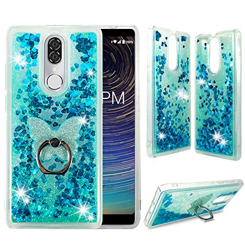 CoolPad Legacy Clear Case, ZASE Liquid Glitter Sparkle Bling Phone Case for CoolPad Legacy 6.36 inch (Metro,Boost) Cute Protective Cover Waterfall Floating Quicksand w/Phone Ring Holder (Teal Blue)