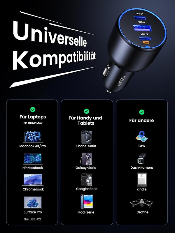 130W 3 in1 Zigarettenanzünder Schnellladen USB C 100W & 30W PD/QC — Foto 6 von 8