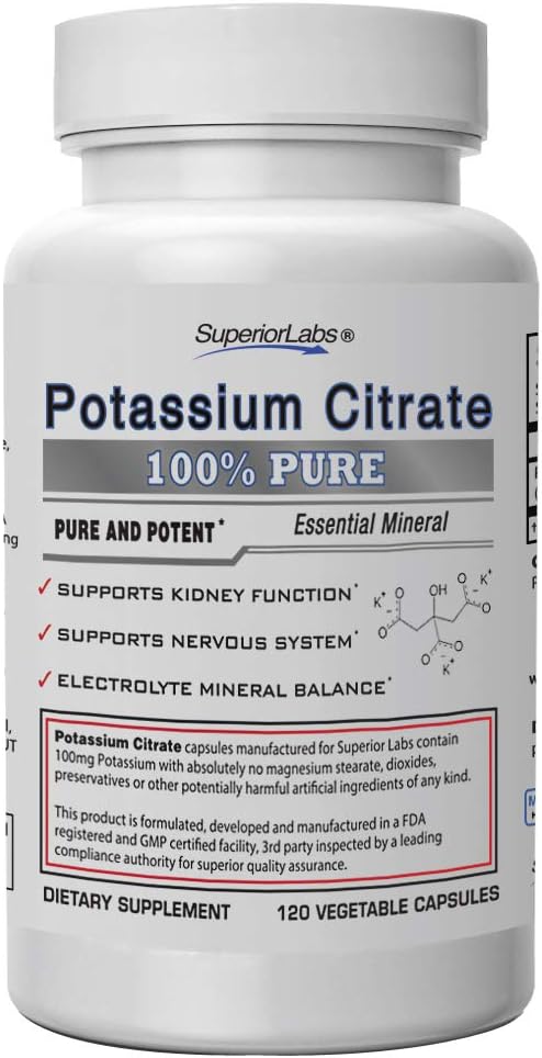 Superior Labs - Potassium Citrate NonGMO Supplement - 100 mg Dosage, 120 Vegetable Capsules - Maintains Overall Health - Supports Kidney Function - Electrolyte Mineral Balance: Health & Personal Care