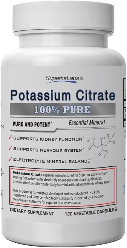 Amazon Com Superior Labs Potassium Citrate Nongmo Supplement 100 Mg Dosage 120 Vegetable Capsules Maintains Overall Health Supports Kidney Function Electrolyte Mineral Balance Health Personal Care