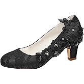 Emily Bridal Wedding Shoes Women's Silk Like Satin Chunky Heel Pumps with Stitching Lace Flower Crystal Pearl