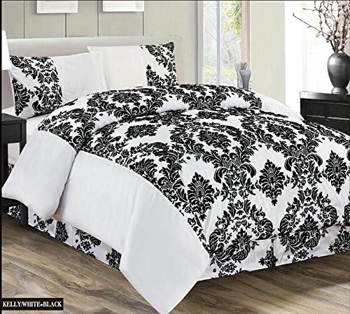 4Pc Damask Flock Complete Bedding Set/ Duvet Cover+Valance Sheet+Pillow Cases (Double, White Black)