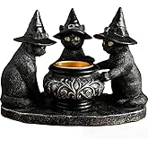 Halloween Black Cat Witches Tealight Candle Holder, Gothic Resin Statue with Decorative Cauldron, Indoor Home Decor (Black)