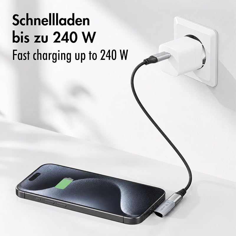 Adaptador USB 4 Tipo C 90° (Izquierda/Derecha), Transferencia de Datos de 40 Gbit/s! PowerDelivery 240 W, vídeo con 8 K/60 Hz, Macho-Hembra, Aluminio, Color: Plateado