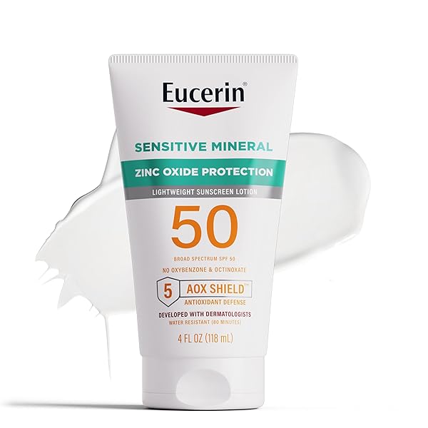 EUCERIN SUN SENSITIVE MINERAL SUNSCREEN LOTION SPF 50, HYPOALLERGENIC, FRAGRANCE FREE SUNSCREEN WITH ZINC OXIDE PROTECTION, 4 FL OZ TUBE