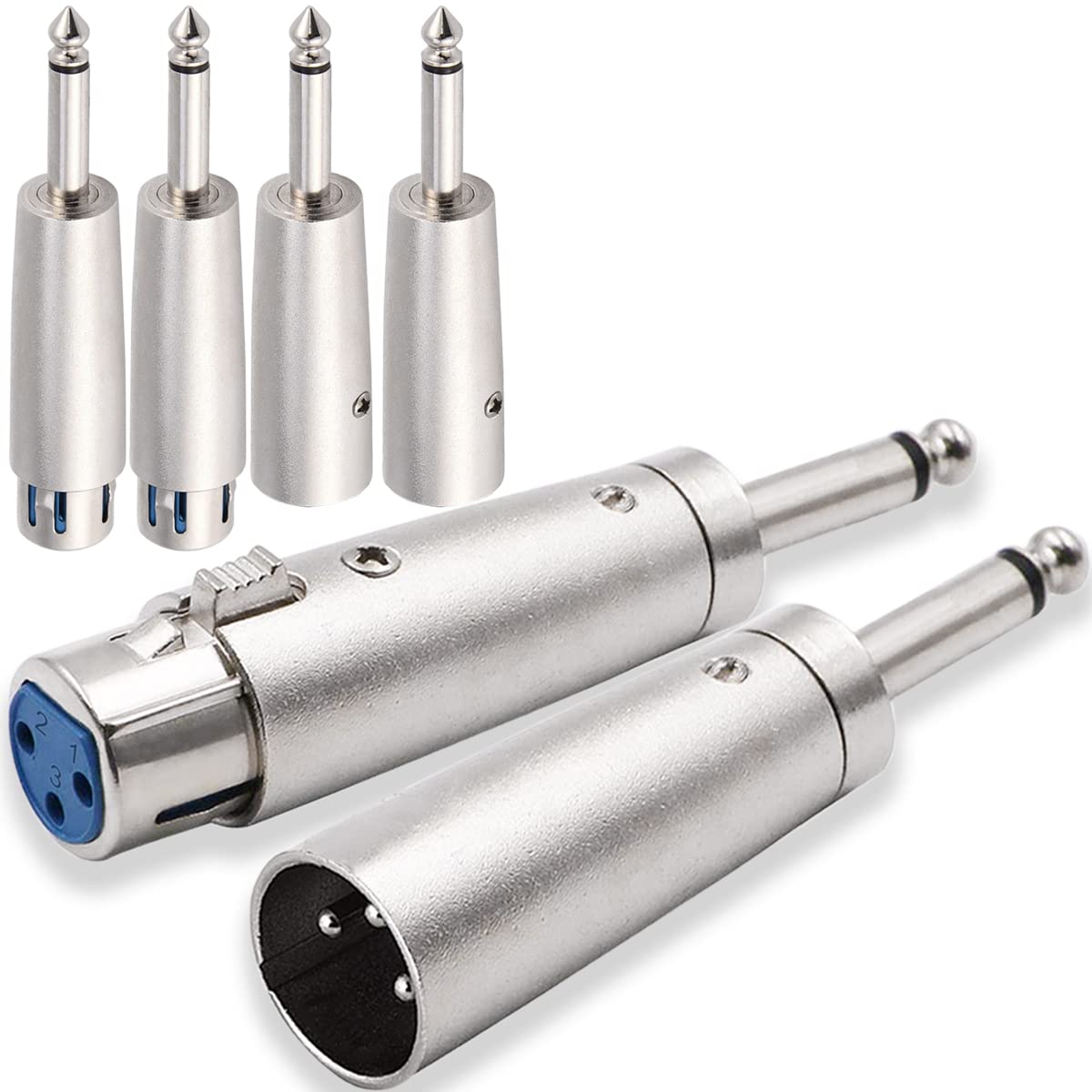Xiatiaosann XLR 3 Pin Female Male to 1/4" 6.35mm Male Audio Mono Adapter TS Socket Jack for Microphone Mixer, XLR Connector Plug Converter, Metal Adapter, 6 PCS