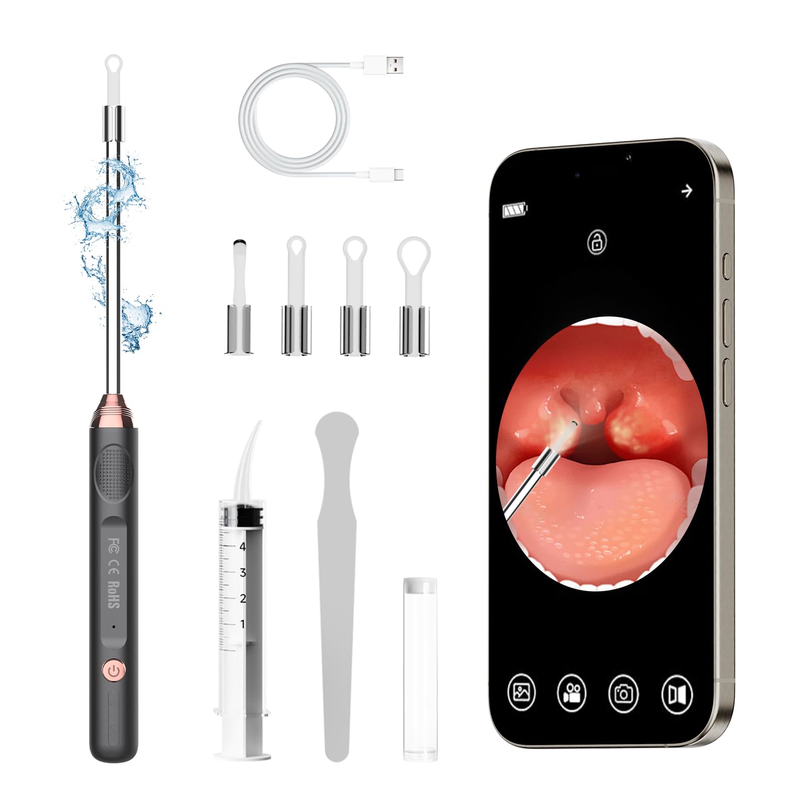 Photo 1 of Tonsil Stone Remover with Camera?Tonsil Stone Removal Tool with LED Light?TonsilCleaner for Tonsil Stone Removal?Tonsillolith Removal Tool with 4 Head ?Attachments for iOS & Android (Black and Gold)