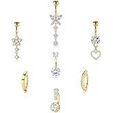 heqxwl 7Pcs Plated Belly Button Ring Surgical Stainless Steel Belly Rings CZ Heart Butterfly Bow Opal Designs for Women Navel Piercings Pack, Silver/Gold