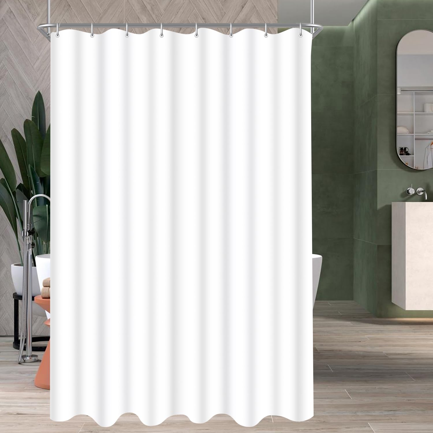 Lerores Shower Curtain, 120 x 200 cm, Pure White, Weighted Hem, Anti-Mould Textile, Water-Repellent, Washable Polyester Fabric Bath Curtains for Bathroom, Bathtub with 8 Shower Curtain Rings