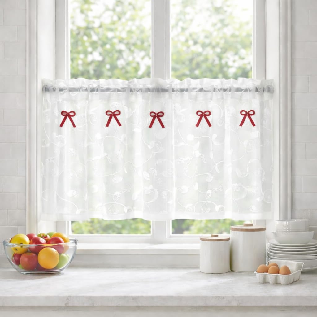 Yujiao Mao American Country Art Embroidered Gauze Curtain Bistro Curtain Kitchen Curtain Panel Curtain W x H 90 x 90 cm White