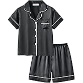 UNICABBIT21 Satin Summer Pajamas for Big Girls Unisex Kids Silk Button Down Short Sleeve & Shorts PJS Size 8-16