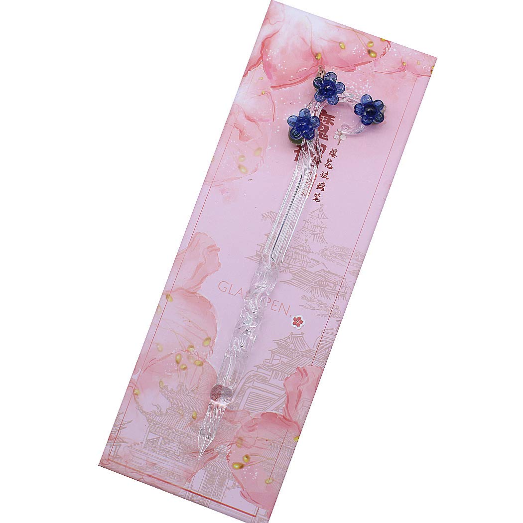 SIPLIV Handmade Glass Crystal Dip Pen - Blue Magic Sakura Glass Pen - Calligraphy Pen - Gift Pen