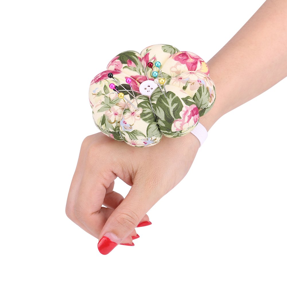 TOPINCN Stylish Ring Pin Cushion with Elastic Wrist Band, Comfortable and Adjustable, Beautiful Fabric Colors, Steady Collection of Needles and Pins, Pumpkin Style (4.5x2.6cm /