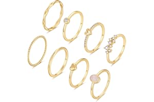 RLMOON 8-12PCS 14K Gold Stacking Ring Set for Women Dainty Thumb Stackable Rings Gold Heart CZ Non Tarnish Rings Plain Band Size 4-12