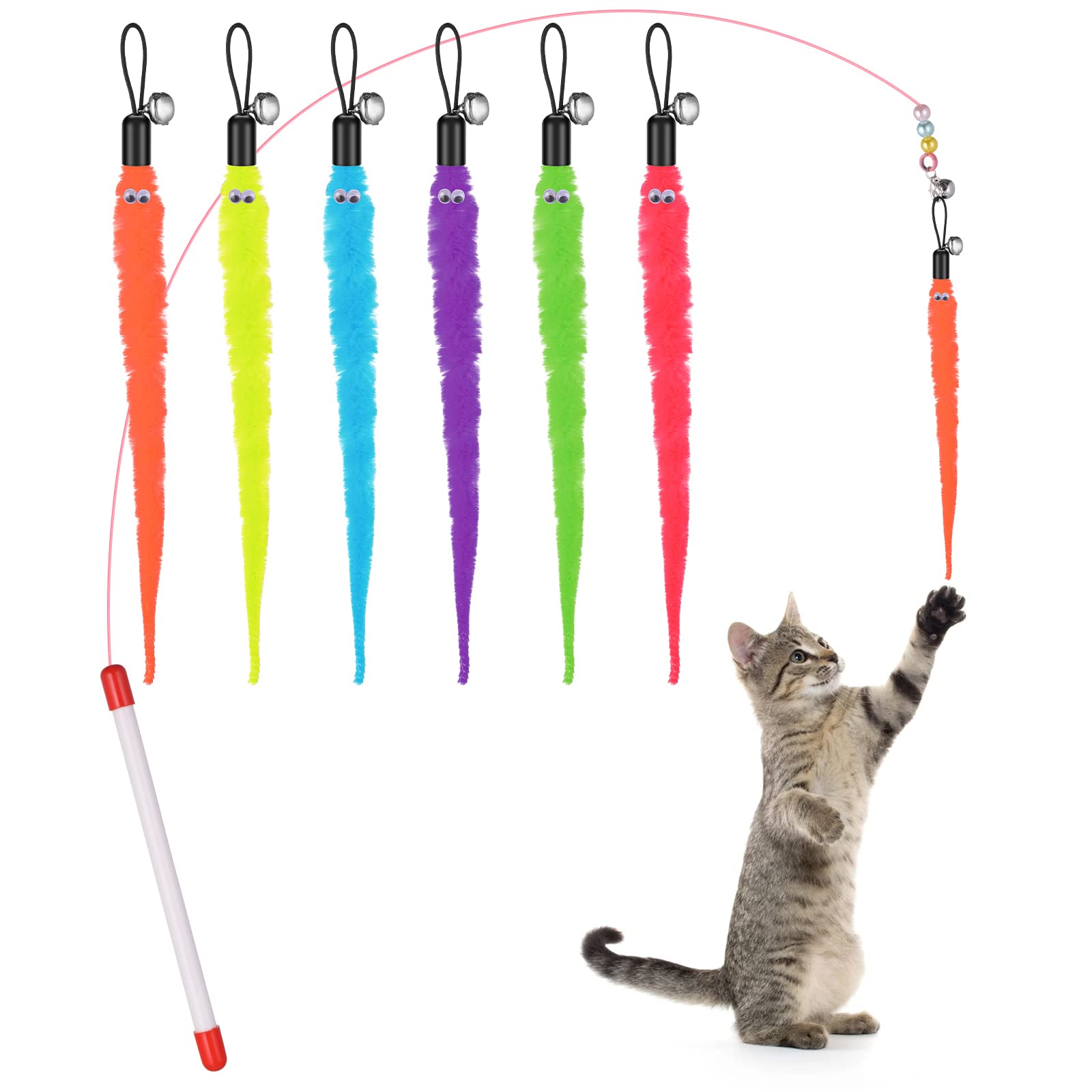 Cobee Cat Wand Toy Cat Feather Toys Cat Wand Toy Set Retractable Interactive Cat Wand Rod 6pcs Colourful Refills Worms with Bells Replacement Refill Furry Tail Worm Interactive Cat Chaser Toys