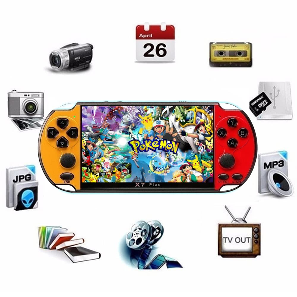 songlan-X7Plus 5.1 inch Built-in 10500+ Free Games GBC/GBA/FC/MD/Arcade, Dual Joystick Portable Handheld Game Console, 8GB RAM, MP3, MP4, MP5, Movie/Video/Music/Gamer Birthday Gift（Yellow&Red）