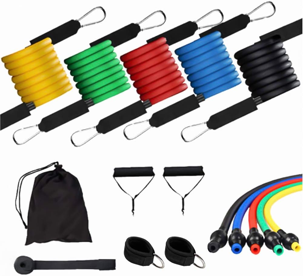 HORKEY 11 Pcs Exercise Fitness Resistance Bands Set Stretch Workout Fitness Set Bodybuilding Elastic Pull Rope Full Body Waist Arm Leg Strength Training Loop for Pilates, Rehab, Home Gym
