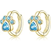 SLUYNZ Dog Paw Small Hoop Earrings for Women Blue Crystal Huggie Earring Puppy Cat Paw Hoop Earrings