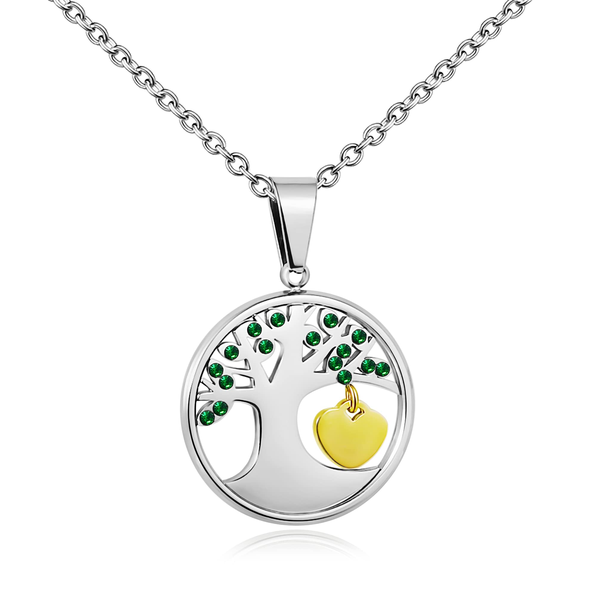 PHOCKSIN Tree of Life Pendant Necklace Green CZ Gold Plated Small Heart Dangle Necklaces 18 20 inches Adjustbale Stainless Steel Chain