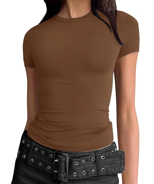 Women Summer Tops Going Out Workout Slim Fit T Shirt Basic Casual Dressy Tshirt Fashion Trendy Tee Y2k Top Coffee