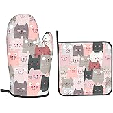 Oplp Funny Pink Cute Cats Oven Mitts and Pot Holders Heat Resistant Oven Mitts Safe for Baking Cooking BBQ