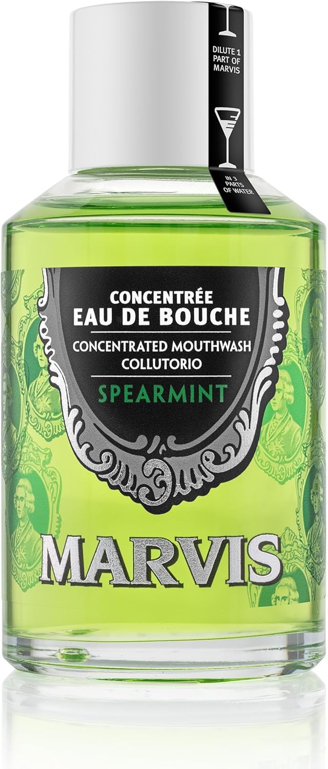 Marvis Concentrated Mouthwash Spearmint, 120ml, Alcohol Free Mouthwash for a Long-Lasting Fresh Breath, Helps Reduce Plaque Build-Up and Cares for Gums