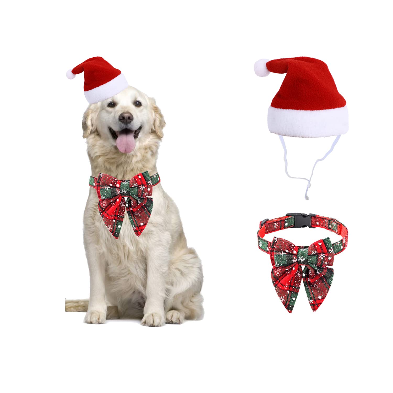 BT Bear 2 Pack Christmas Pet Dress up Dog Snowflake Bow Tie Collar with Santa Hat, Adjustable Pet Xmas Collars for Cats Small Dogs Puppy (S,Green)