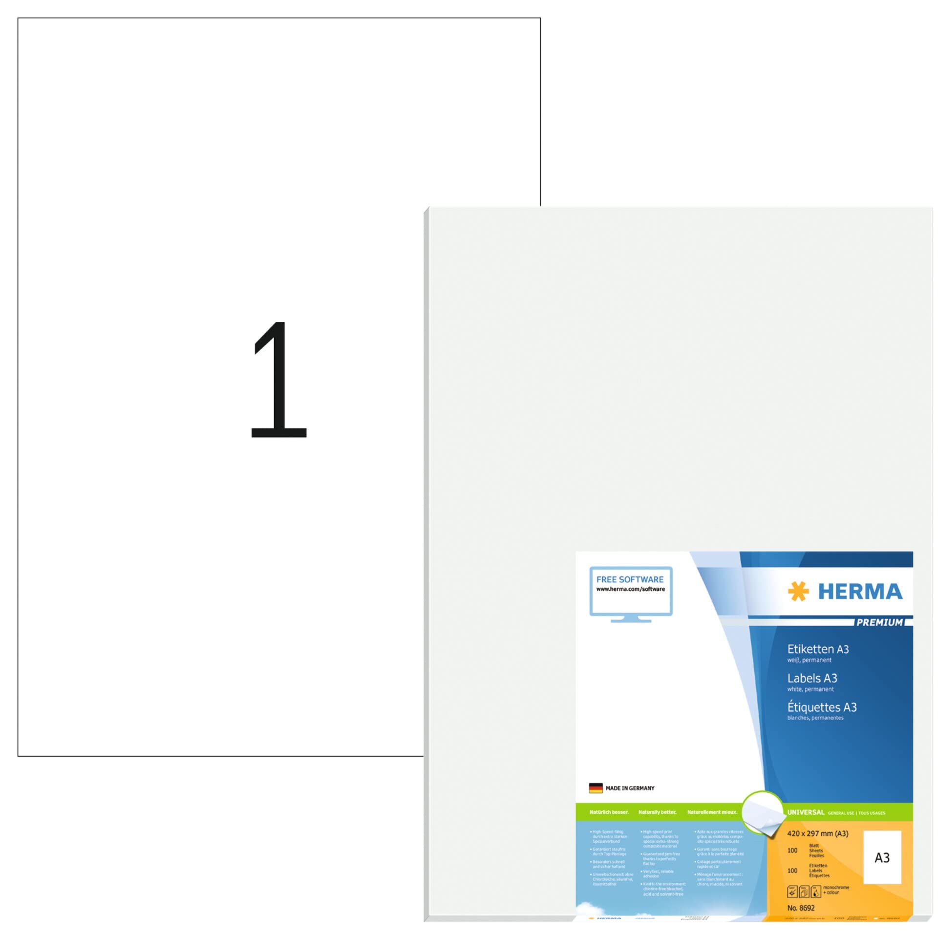 HERMA Self Adhesive Multipurpose Labels, 1 Label per A3 Sheet, 100 Sheets, 297 x 420 mm, 100 Labels, Blank Universal Labels Stickers, Sticky Labels for Laser & Inkjet Printer, White