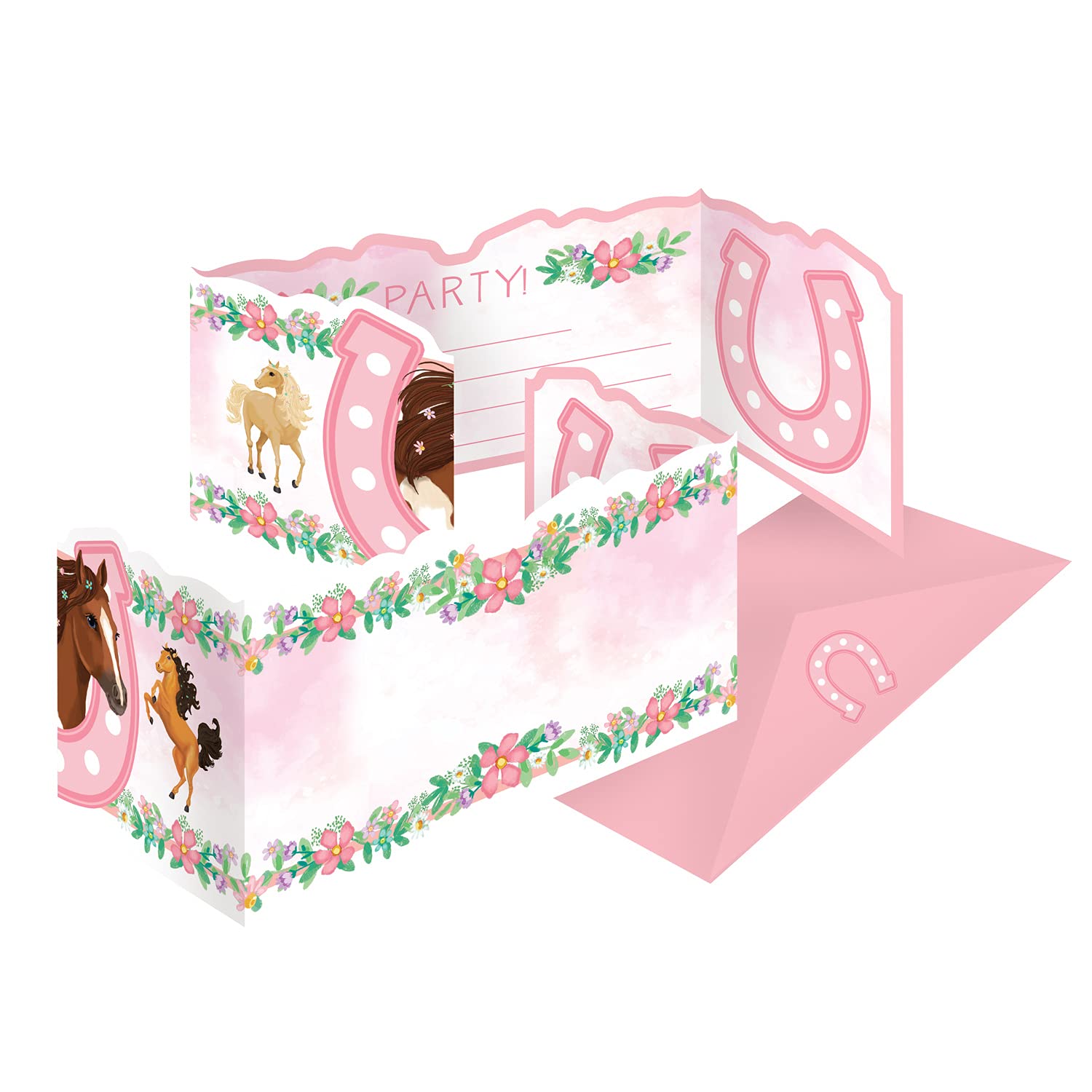 amscan 9909886 - Horse Invitation Cards, 8 Cards with Pink Envelopes, Invitation, Children's Birthday, Theme Party, Carnival