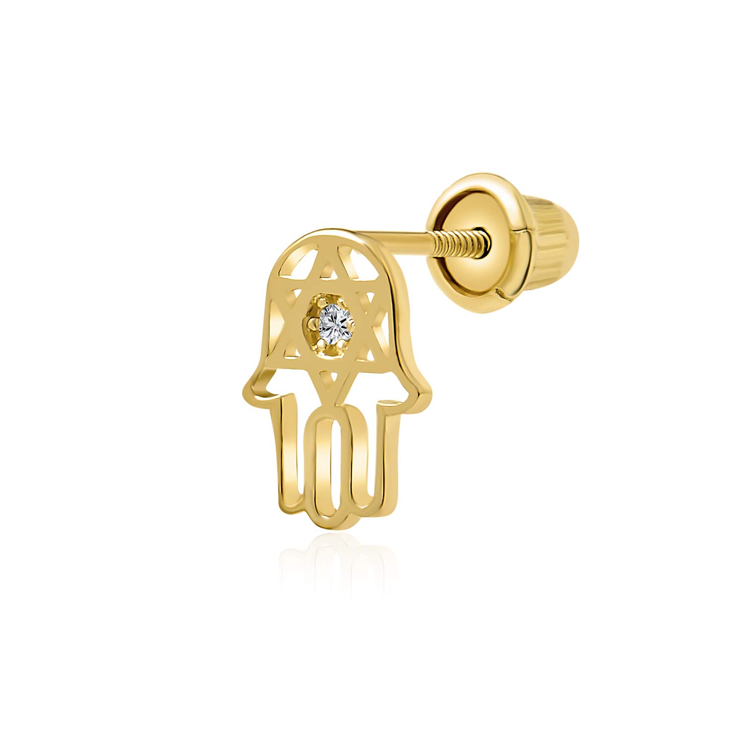 Tiny Petite Judaic Jewelry CZ Accent Real Yellow Gold Hamsa Star Of David Judaic Cartilage Ear Lobe Piercing Stud Earring For Women Teen For Bat Mitzvah Secure Screw Back