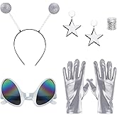 Heliltd 5pcs Sliver Alien Costume Set for Woman Alien Antenna Headband Glasses Earrings Holographic Face Glitter Gloves