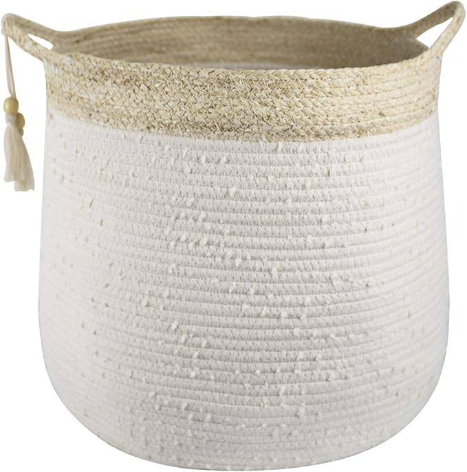 Cotton Laundry Basket Large Woven Rope Storage Basket with Handle and Tassel for Baby Nursery
